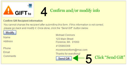 Confirm and/or modify the information and then click Send Gift